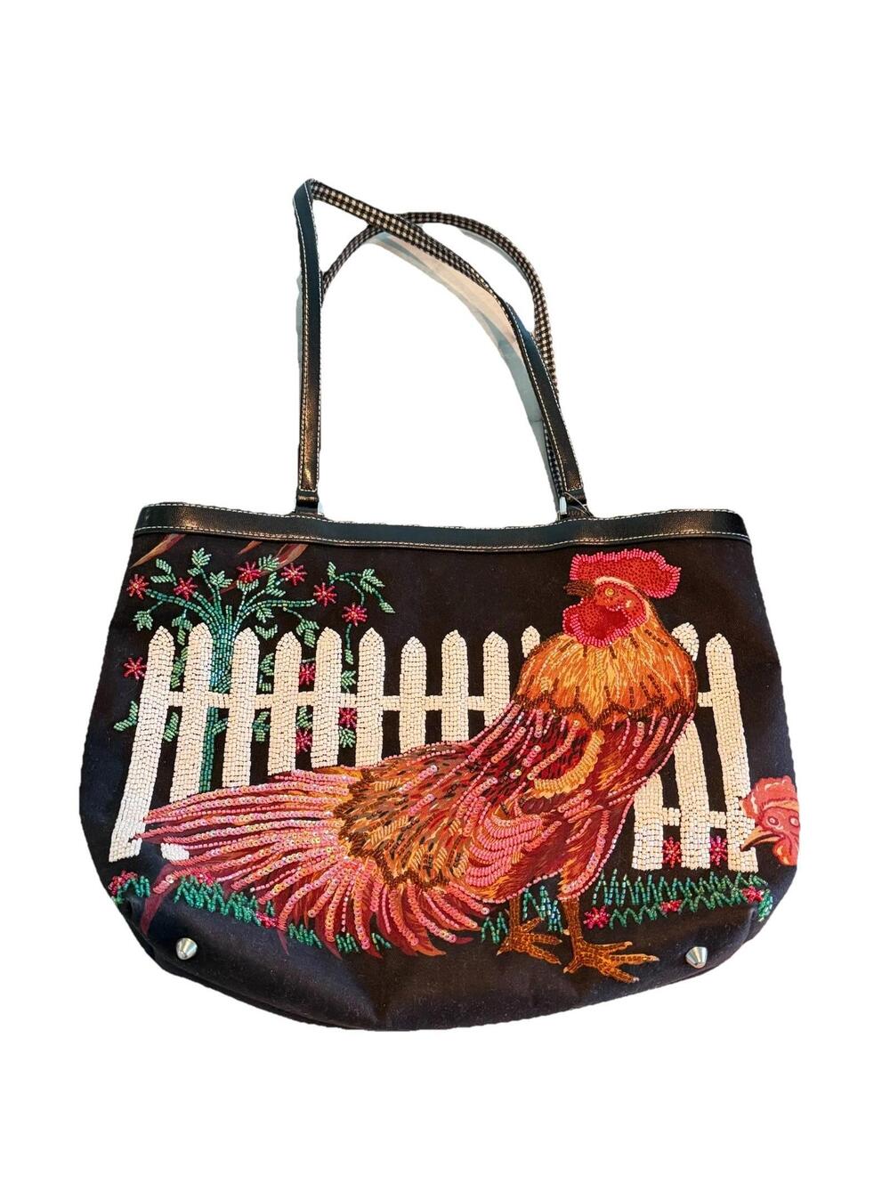 Vintage Isabella Fiore Beaded French Rooster Hen Handbag Tote Farmhouse Country